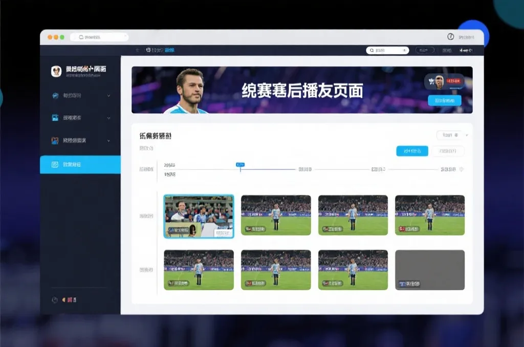 比赛结束后，电视屏幕展示集锦回放页面，旁边有时间轴和多角度切换提示